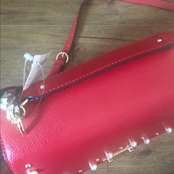 KARL LAGERFELD-NWT Red Leather Crossbody Handbag with Pearl Accents - Picture 13 of 16